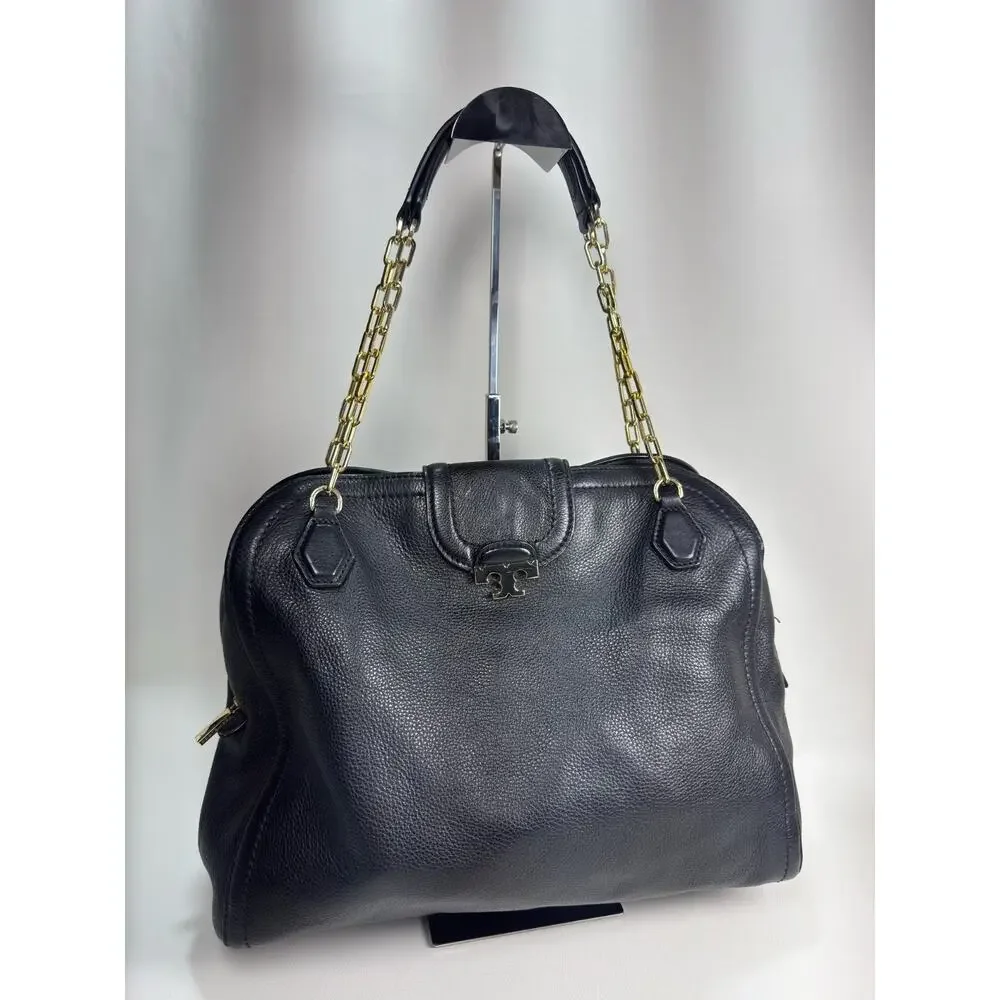 Tory Burch Amanda Black Pebbled Leather Hobo Satchel Shoulder Bag Gold Chain T